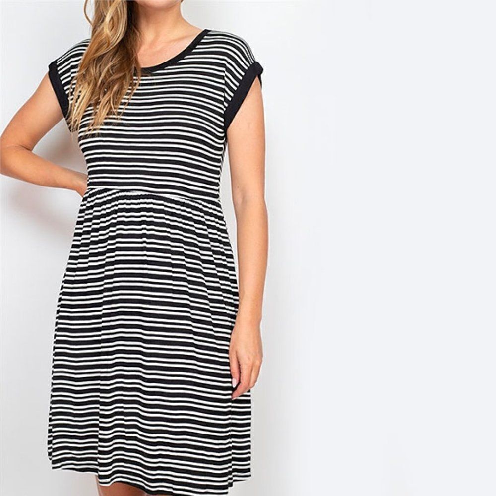 *Clearance* Summer Short Sleeve Black Stripes Dress - Picture 5 of 5